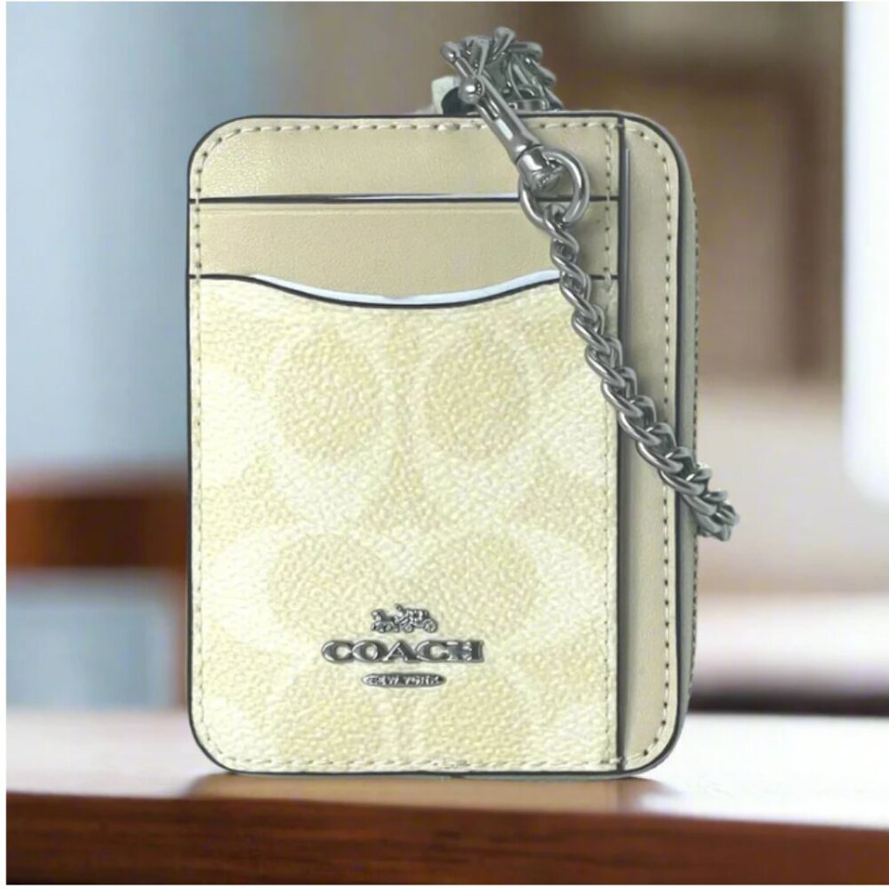 Coach Zip Card Case CW883 ID Wallet Yellow Signature Canvas Chain Strap ORGPKG